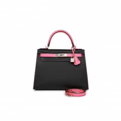 HERMÈS KELLY 25 BLACK AND ROSE AZALEE EPSOM HARDWARE (25*17*7cm) 